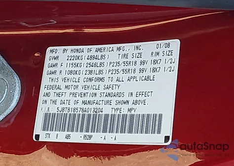 2008 Acura Rdx из США, поврежденный, VIN 5J8TB18578A013204